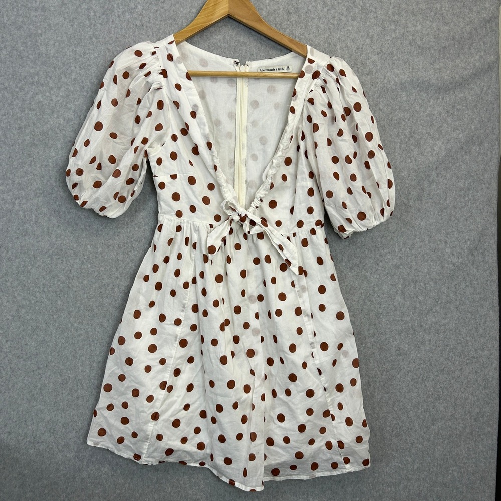 Abercrombie & Fitch Size SP Dress White Brown Polka Dot Puff Sleeve Autumn Prep